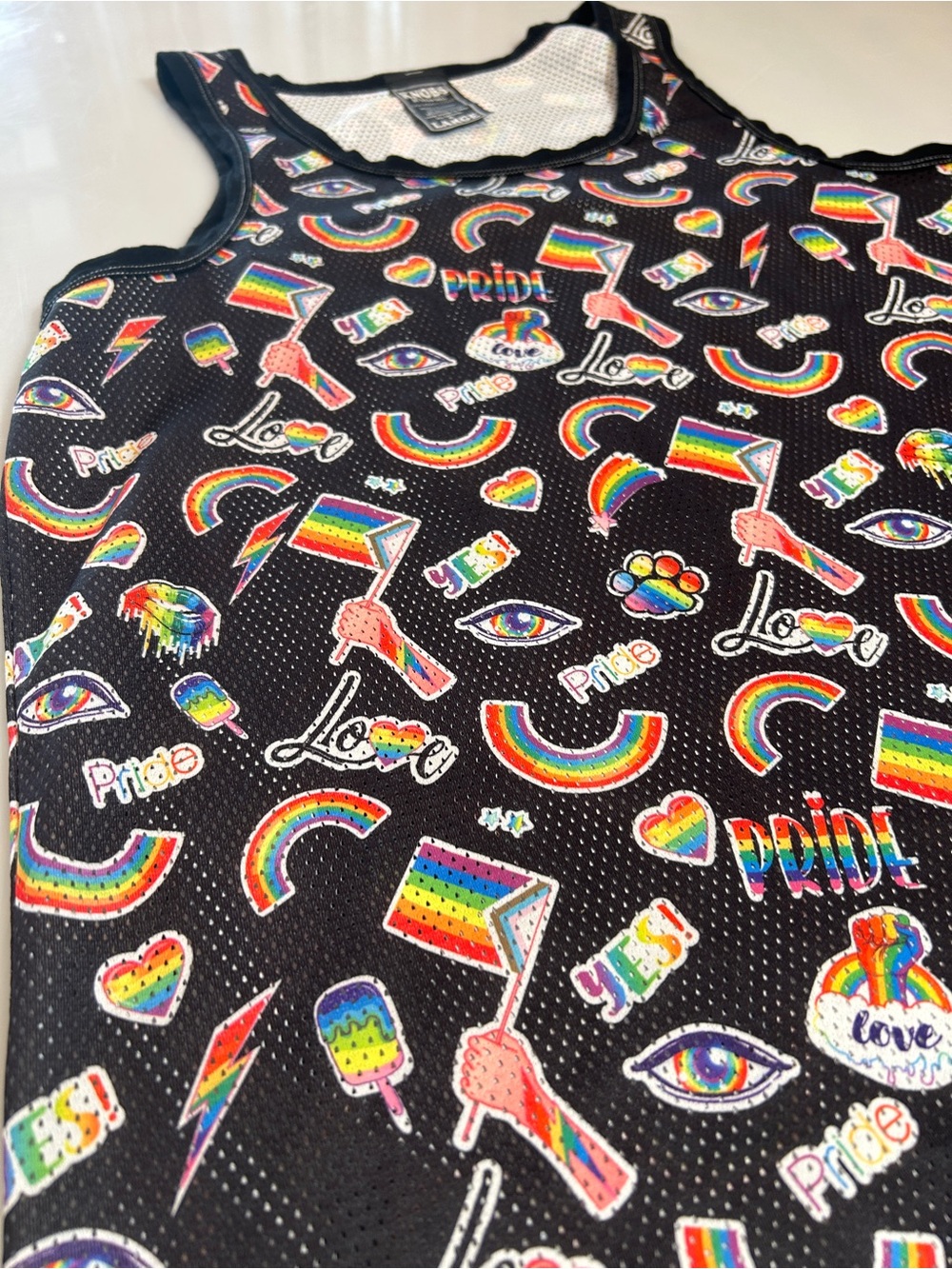 Knobs SF Pride Stickers Black Mesh Tank Top - Size L